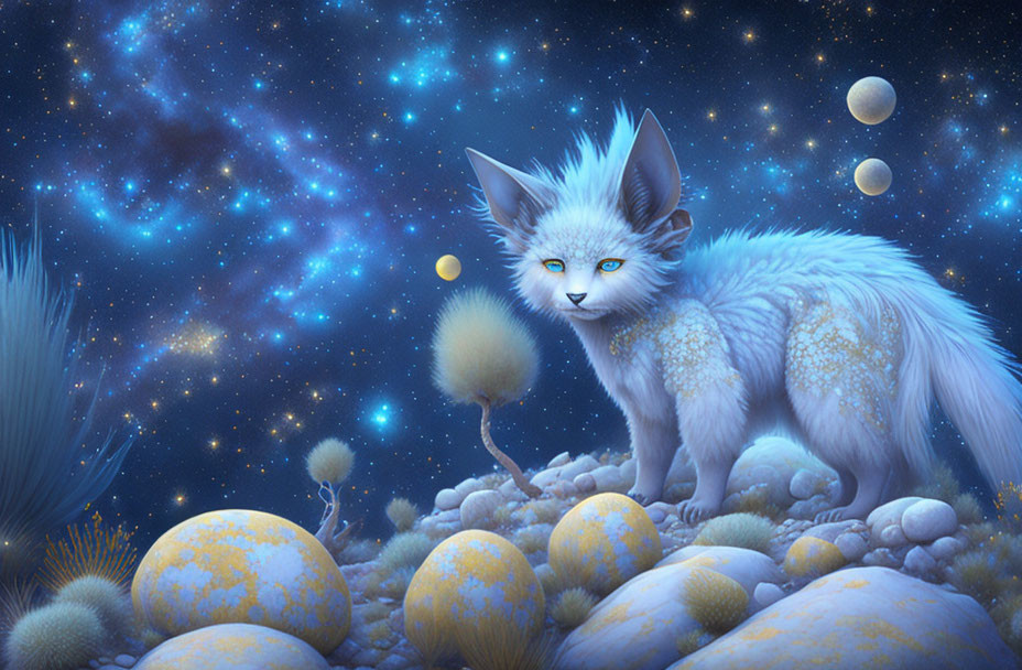 White Fox Surrounded by Glowing Stones and Plants Under Starry Night Sky