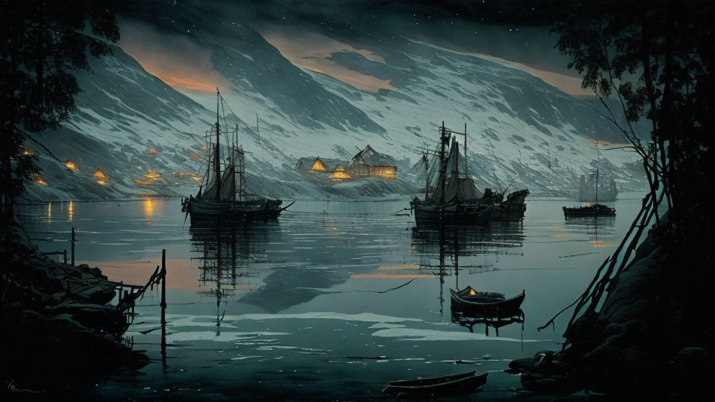 Snow-covered mountains and sailing ships in serene night scene by the water