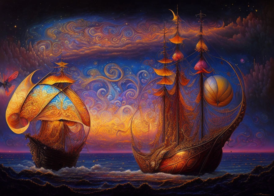 Ornate fantastical ships on wavy ocean under vibrant starry sky