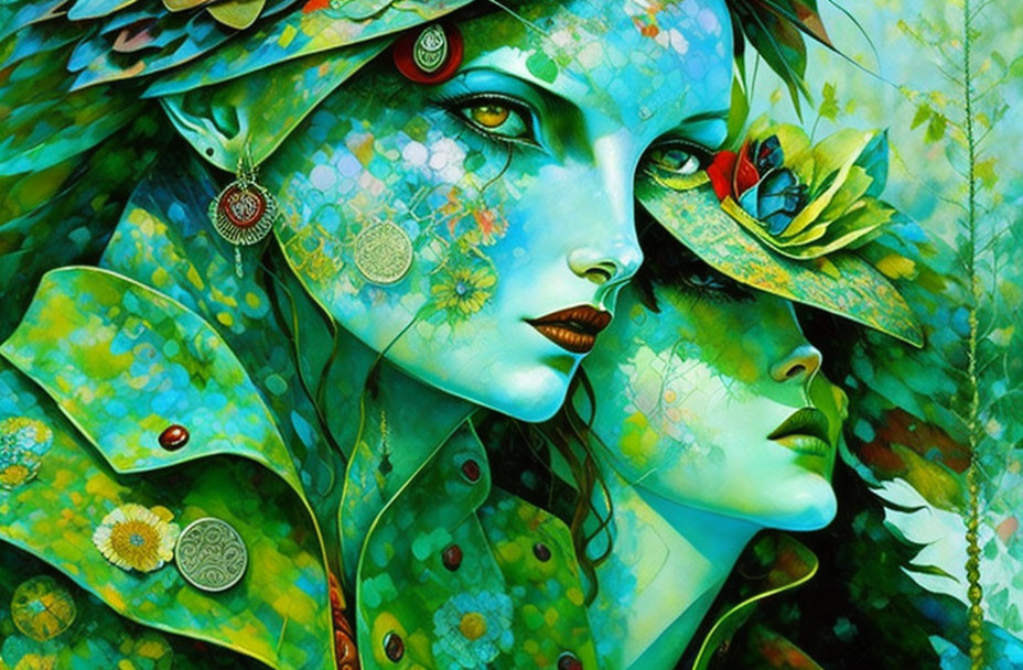 Colorful artwork featuring faces intertwined with green foliage and floral designs, one sporting a flowered hat.