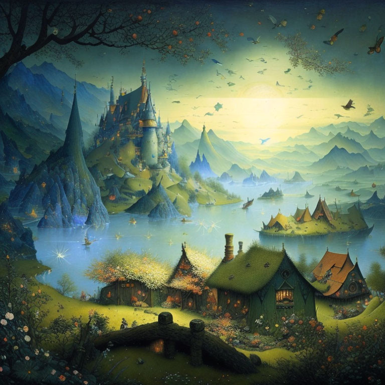 Fantasy landscape with castle, hills, lake, boats, and glowing orbs at dusk