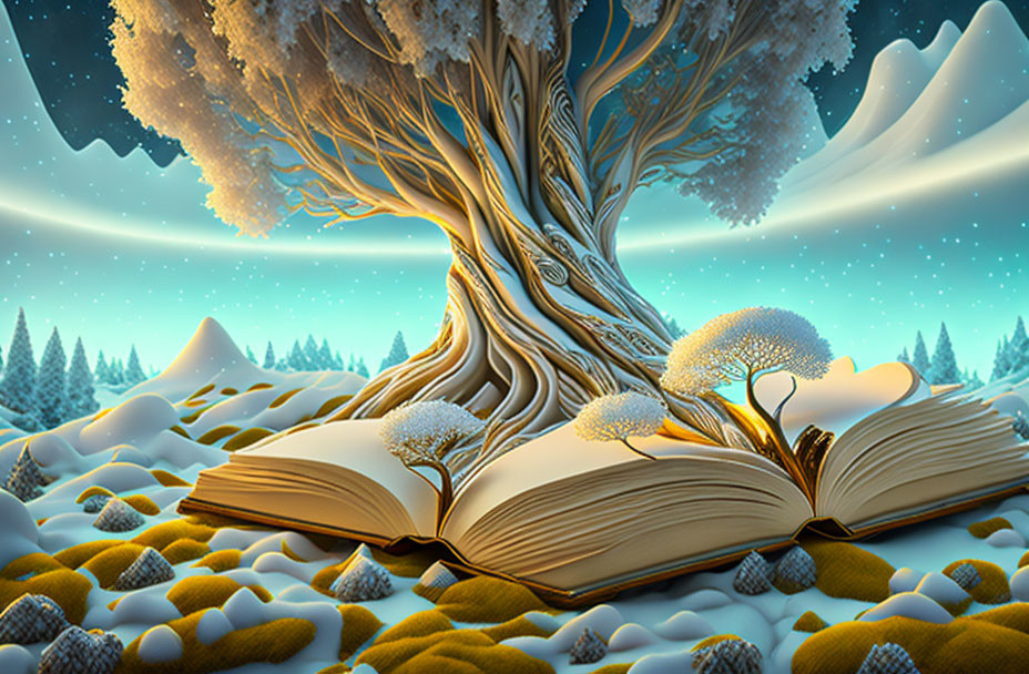 Snowy Landscape: Open Book with Tree on Twilight Sky