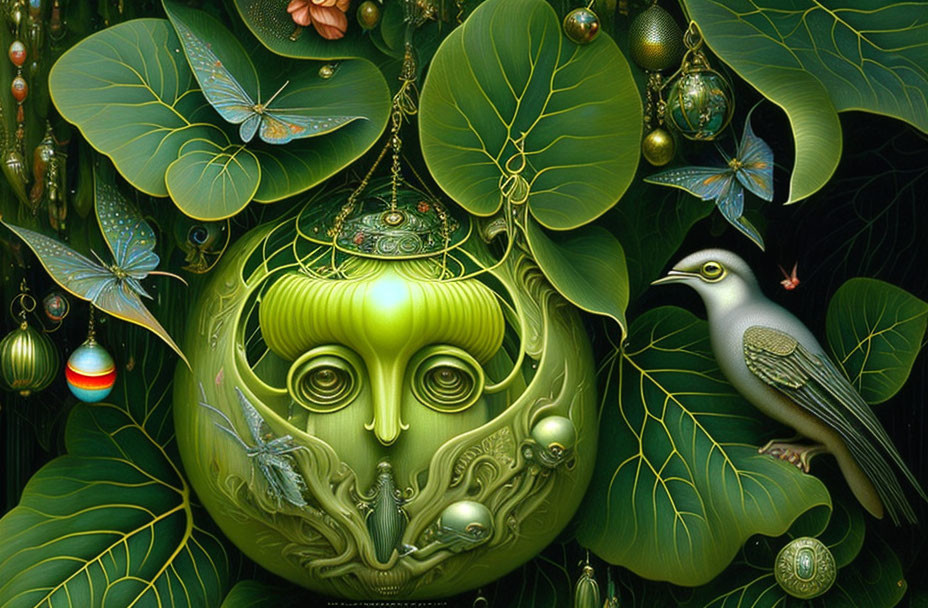 Vibrant surreal image: green face structure, bird, leaves, baubles