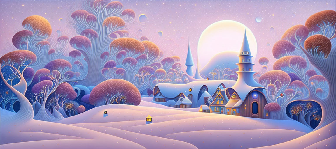 Snow-covered hills, stylized trees, cozy village, and large moon in winter dusk landscape