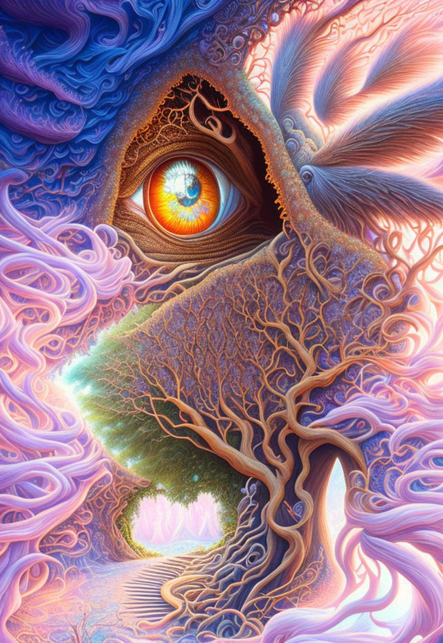 Colorful surreal art: Eye, swirling patterns, intricate tree, distant landscape.