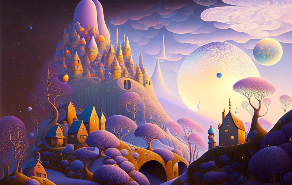 Colorful whimsical landscape with fantastical castle and swirling sky