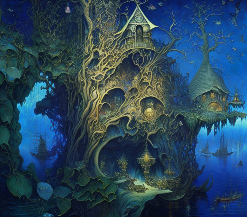 Fantasy tree artwork with house-like structures by moonlit sea