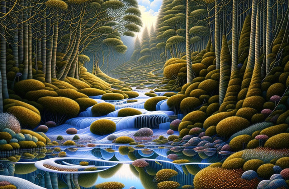 Fantastical landscape with flowing river and mossy formations