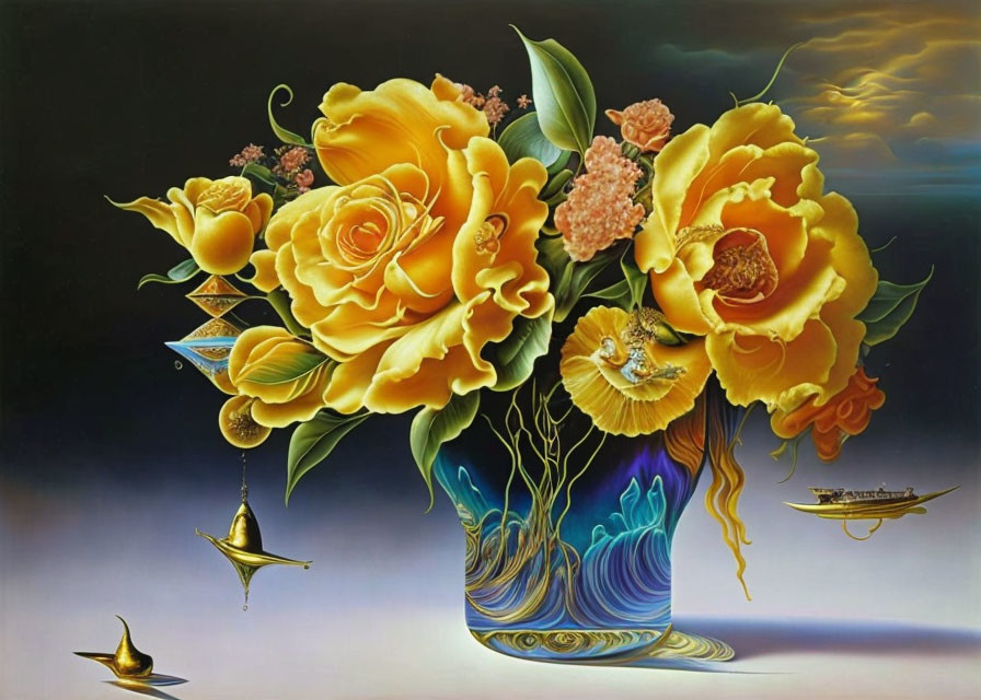 Vibrant yellow flowers in blue vase with surreal elements