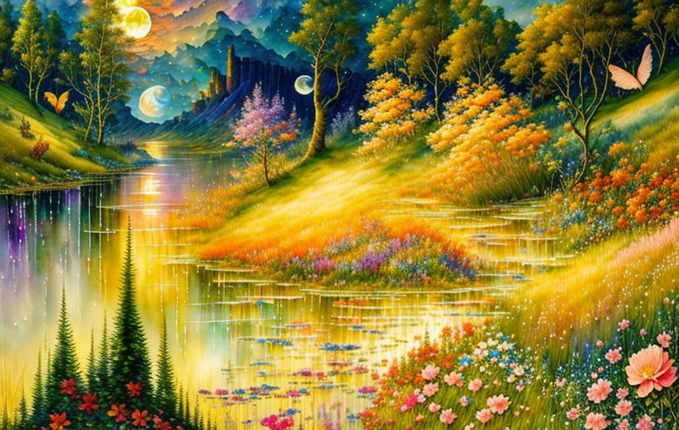 Colorful Landscape Painting: River, Flowers, Two Moons, Castle Hill