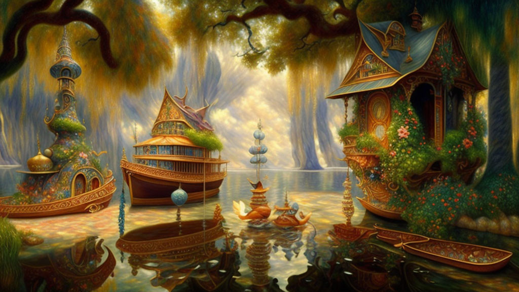 Fantasy landscape with ornate boats and buildings on tranquil waters