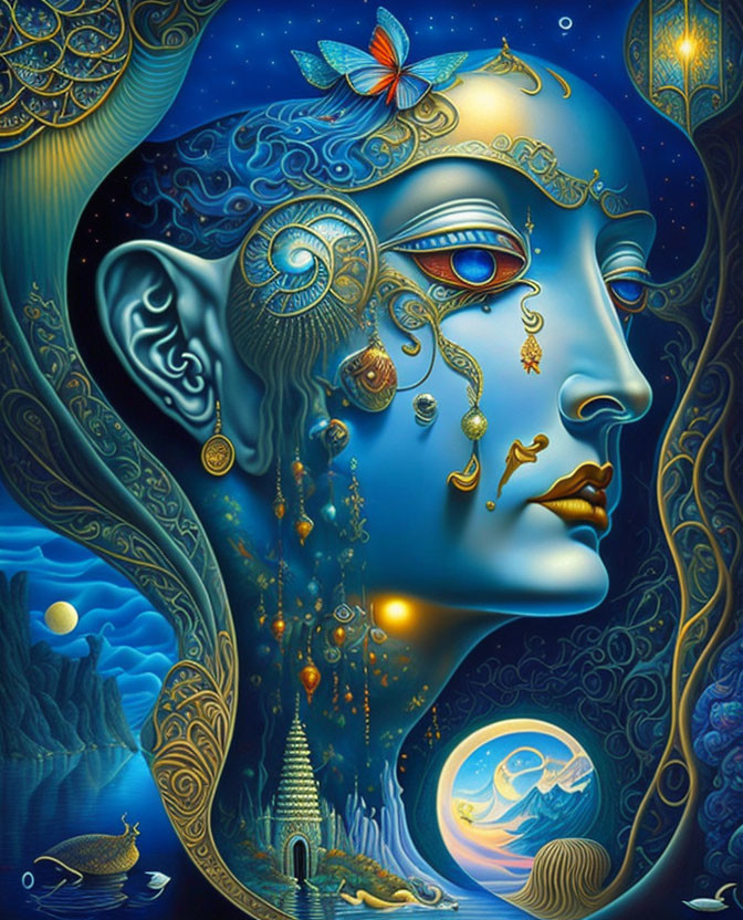 Colorful surreal illustration: Blue face with gold ornaments, butterfly, and intricate patterns against mystical seascape