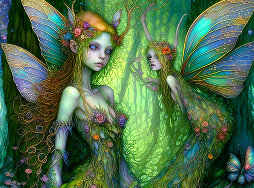 Whimsical fairy creatures with delicate wings in an enchanted forest