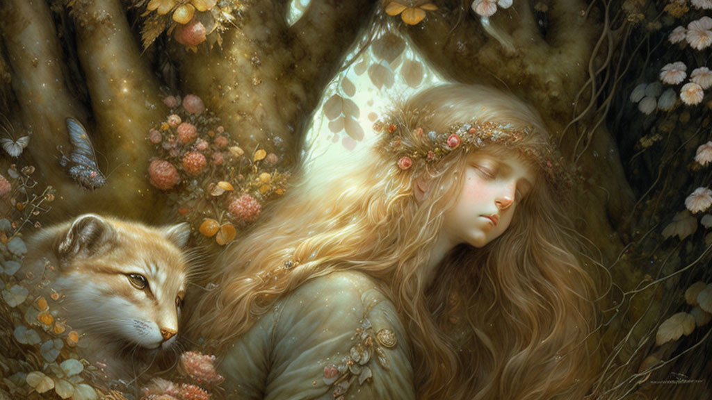 Woman with long hair and fox in forest setting with nature crown.