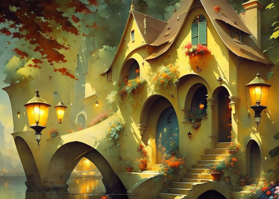 Fantasy artwork: Cozy cottage on bridge with autumn foliage & flowers