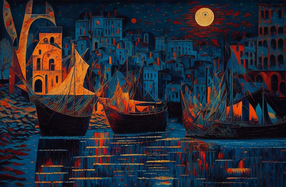 Vivid Blue and Orange Nocturnal Harbor Scene with Sailboats and Crescent Moon