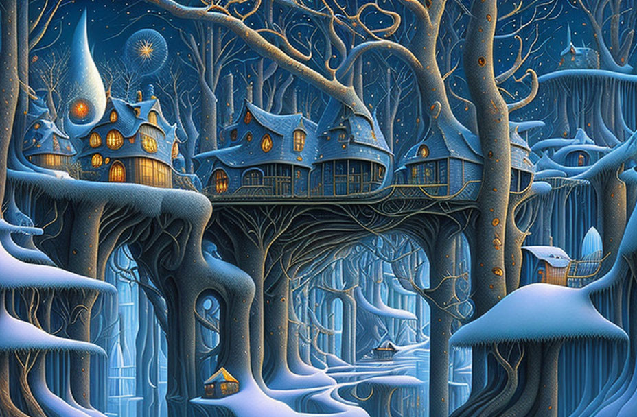 Whimsical interconnected treehouses in snowy winter landscape