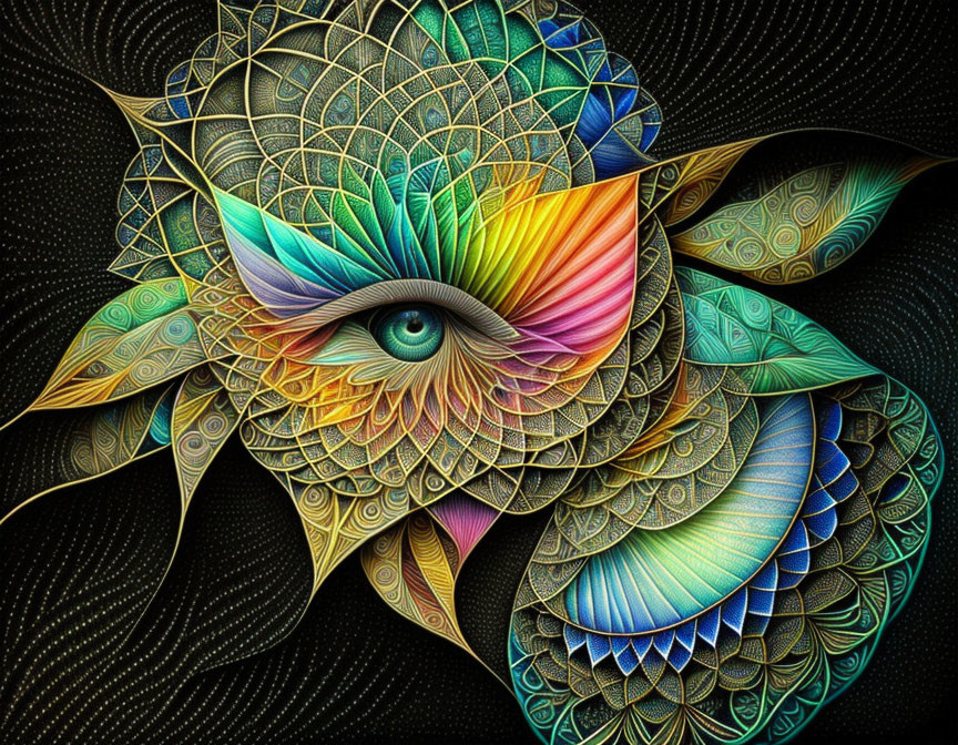 Vibrant digital art: intricate eye design with feather-like patterns.