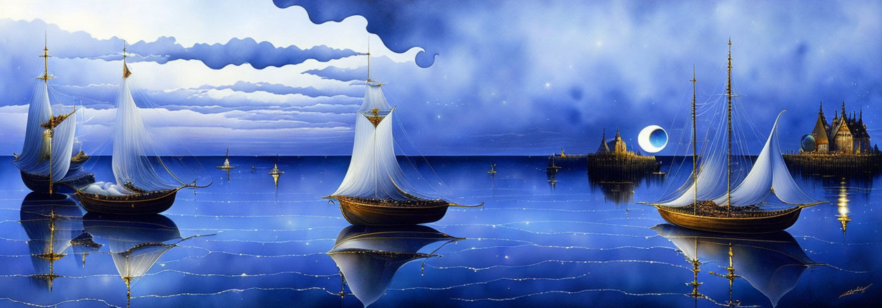 Ornate ships on reflective blue sea under night sky