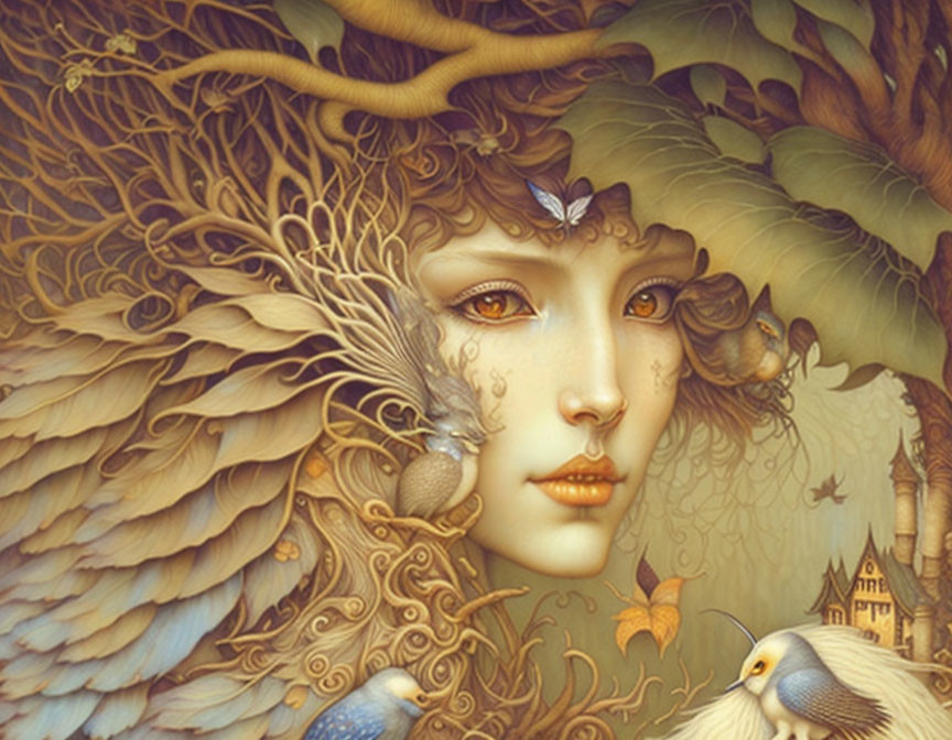 Fantastical illustration of woman with bird-like features in nature setting