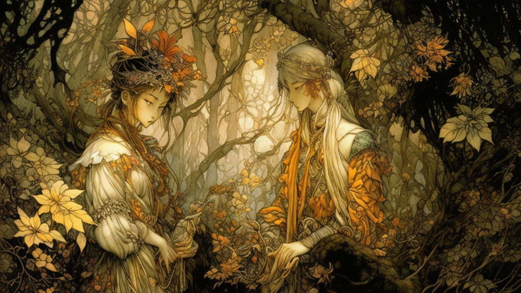 Ethereal figures in autumn forest with detailed foliage