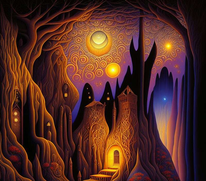 Mystical forest at night with celestial bodies & fantasy structures