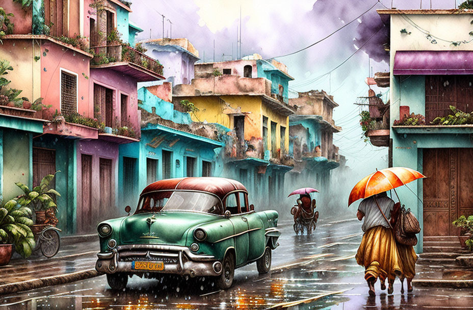 Vibrant street scene with vintage cars, people with umbrella, and colorful buildings