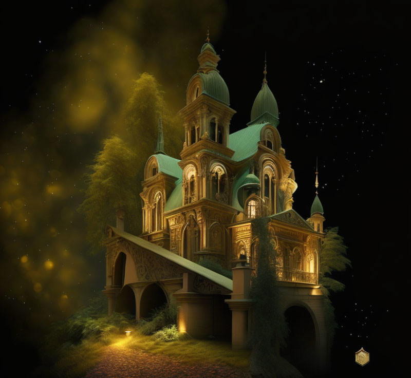 Fantastical mansion illuminated at night with glowing windows and turrets against starry sky and dark foliage