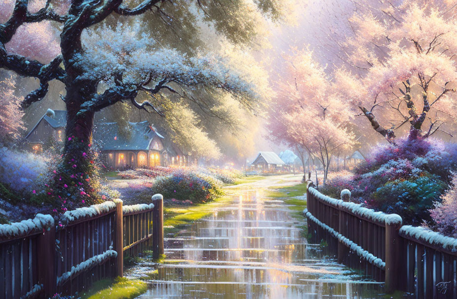Scenic village road with cherry blossoms, spring flowers, cozy houses, and warm lights