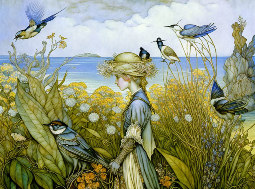 Medieval woman in straw hat surrounded by birds and plants in serene landscape