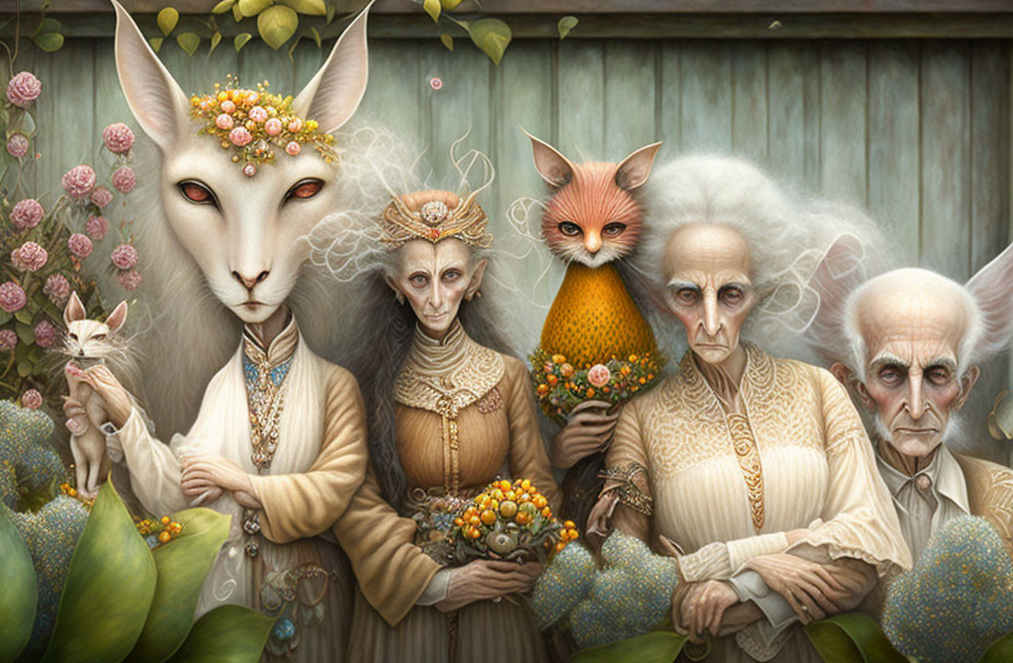 Fantastical painting featuring human-animal hybrids and elderly figures in vintage attire.