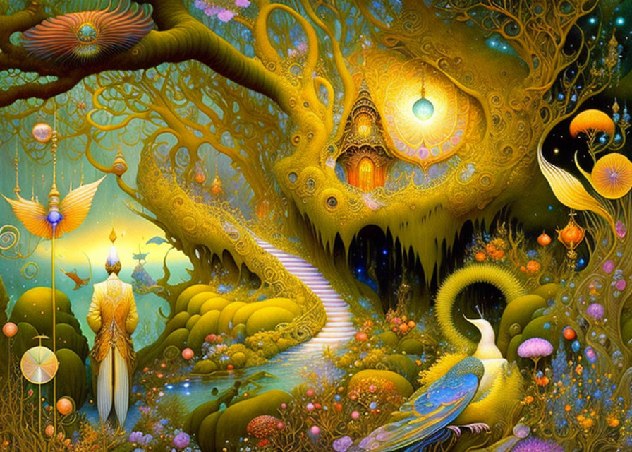 Colorful fantasy landscape with whimsical trees, peacock, flowers, and figure on staircase