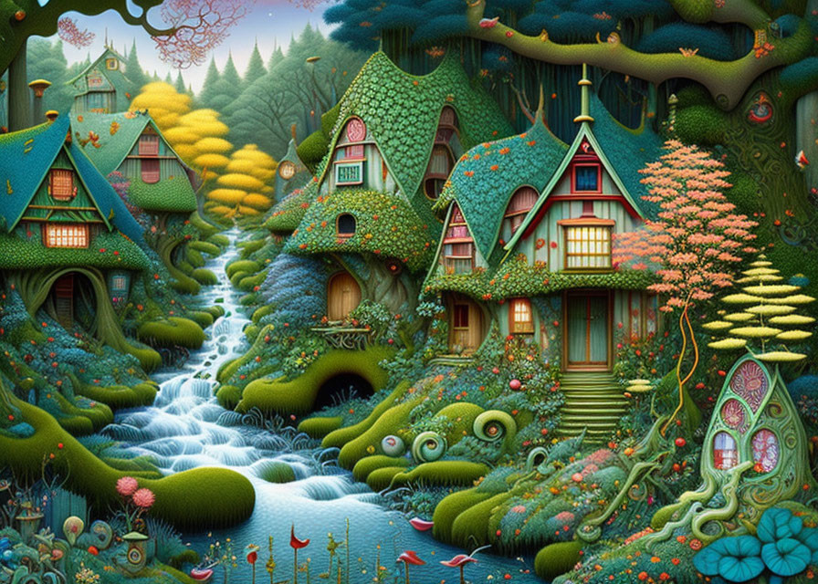 Whimsical fairy tale village with cottages nestled by a crystal-blue stream