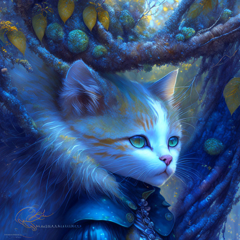 Illustration of blue-eyed fluffy cat in magical tree with glowing fruits