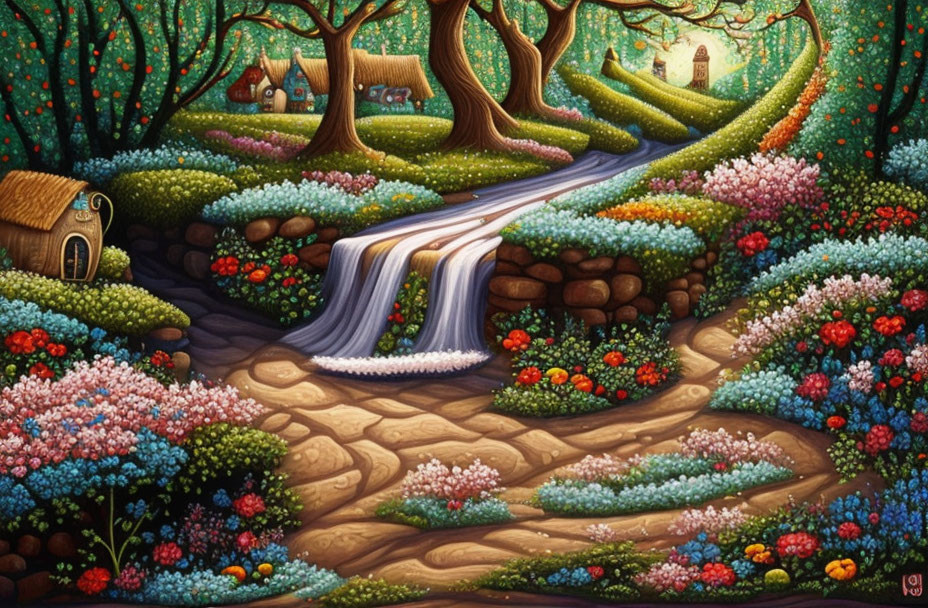 Colorful forest scene with waterfall, stream, and cottages