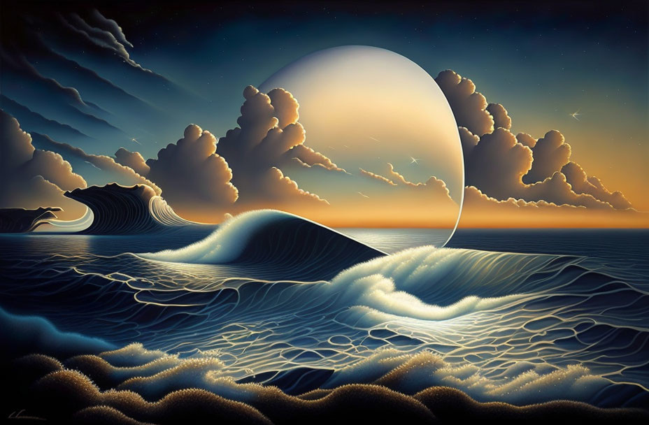 Surreal landscape with crescent moon, waves, starry sky, and day-night blend