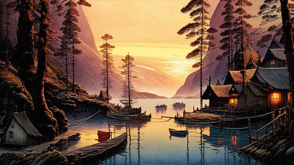 Tranquil Sunset Lake Scene with Boats, Cabin, and Pine Trees
