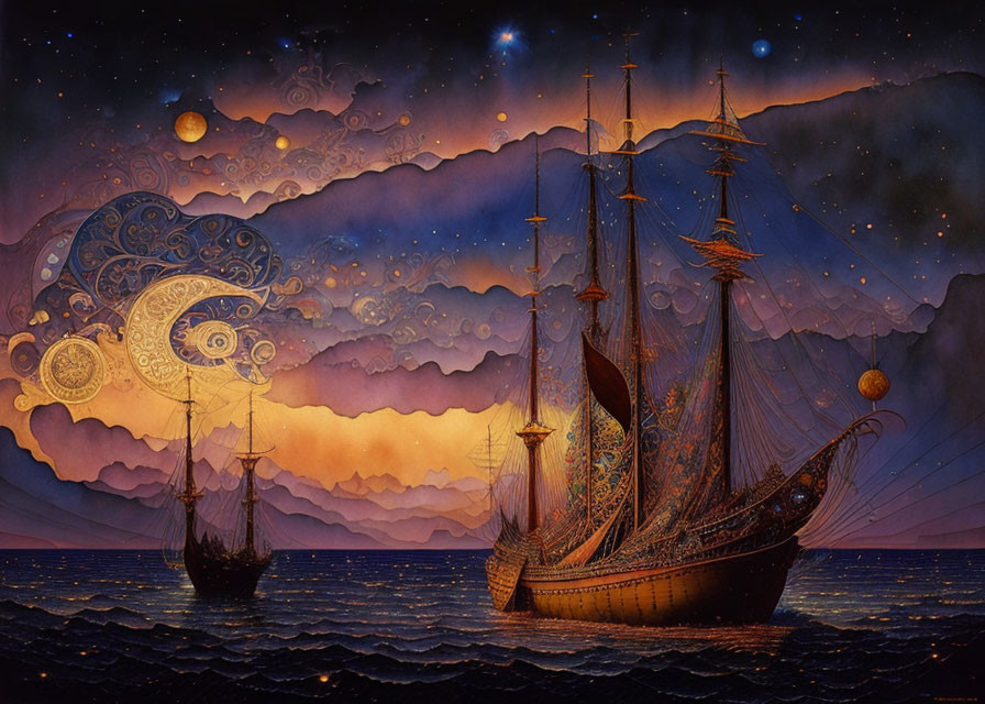 Tall Ships Artwork: Starry Sky, Celestial Designs, Colorful Sunset