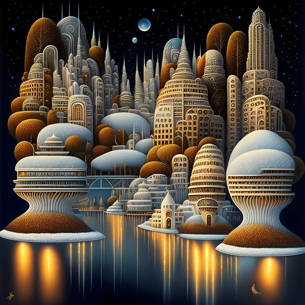 Futuristic night cityscape with spherical and skyscraper buildings reflected on water under starry sky with