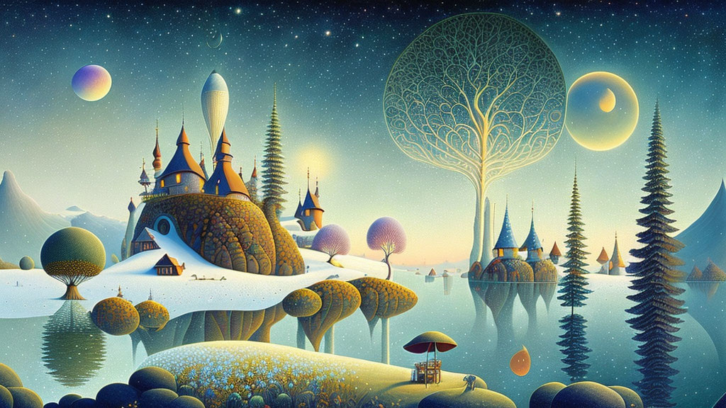 Colorful Stylized Landscape with Round Houses and Moons