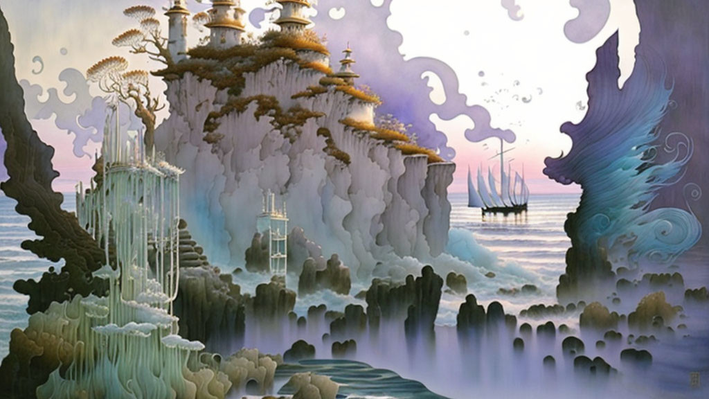 Fantasy landscape with misty cliffs, waterfalls, trees, ships, and swirling clouds