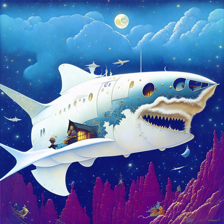 Fantastical shark-shaped airplane flying in surreal night sky