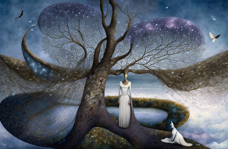 Whimsical artwork of a woman with butterfly wings under cosmic tree