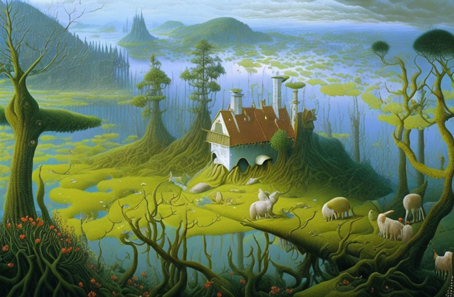 Fairytale house on knoll with sheep, unique trees, misty mountains.