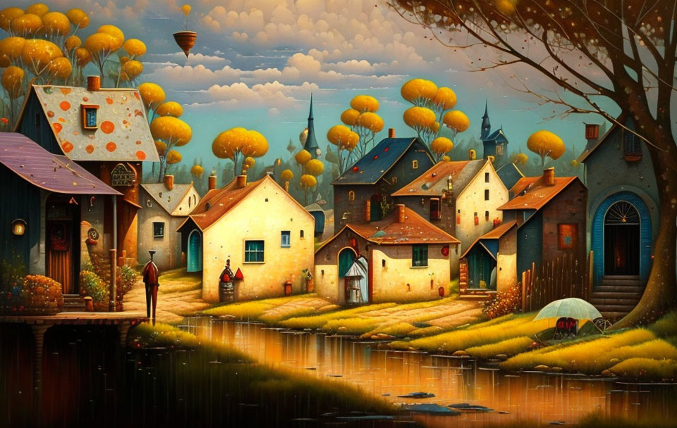 Colorful village scene with golden trees, hot air balloons, and calm river