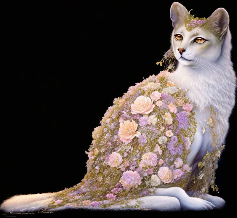 White Cat in Floral Cape with Pink Roses and Golden Accents on Black Background