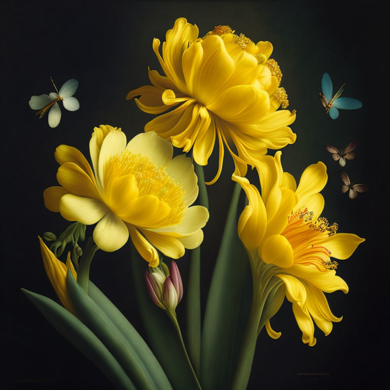 Yellow peony flowers and butterflies in vibrant painting