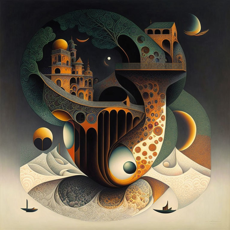 Surreal painting with architectural and organic shapes against celestial backdrop