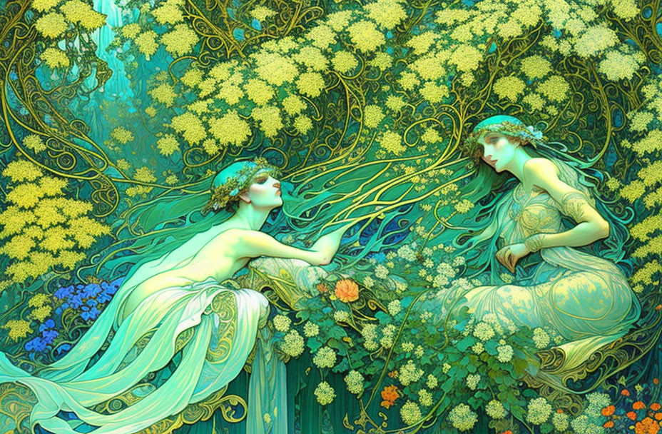 Ethereal women in flowing dresses amid lush foliage