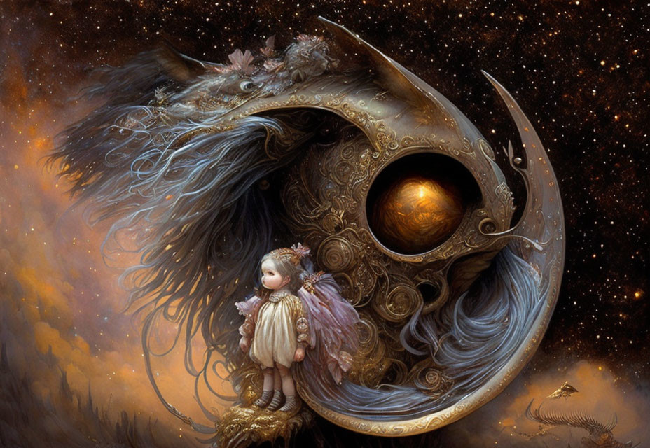 Fantasy art: Winged child with lantern by ornate crescent moon